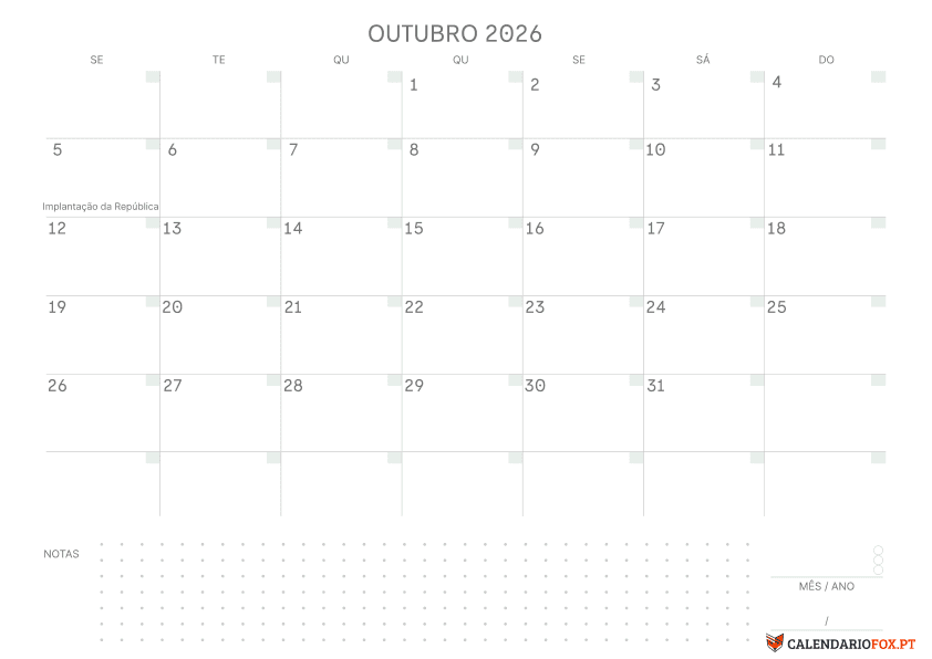 Calendário de Outubro com Notas