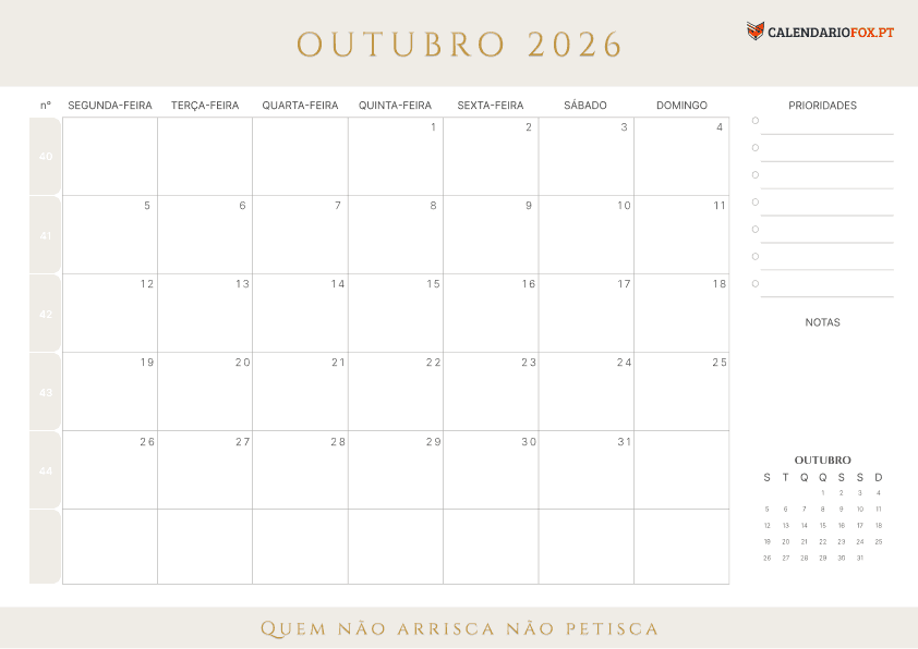 Calendário de Outubro com Números das Semanas