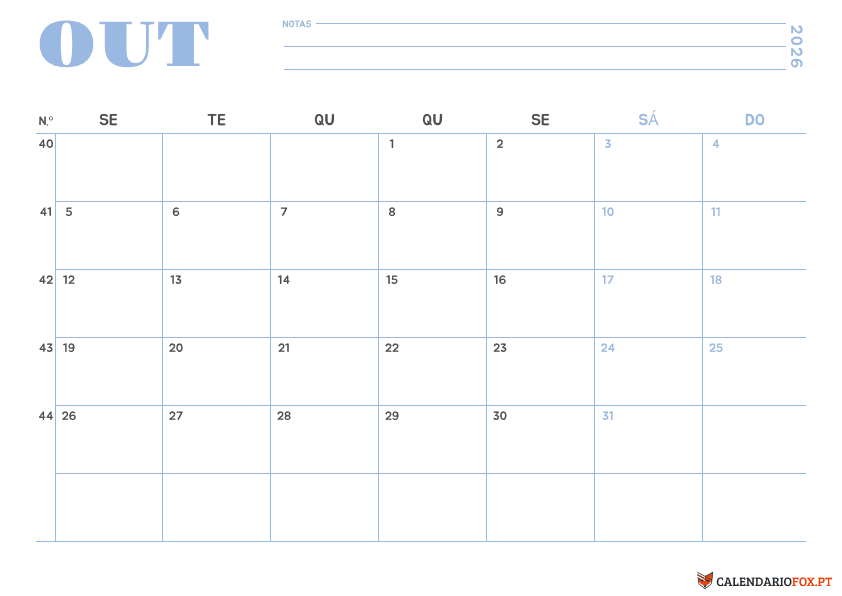 Calendário de Outubro – Tema Minimalista 1