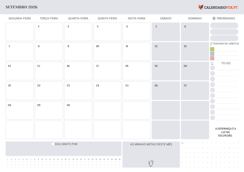 Calendário de Setembro com Feriados