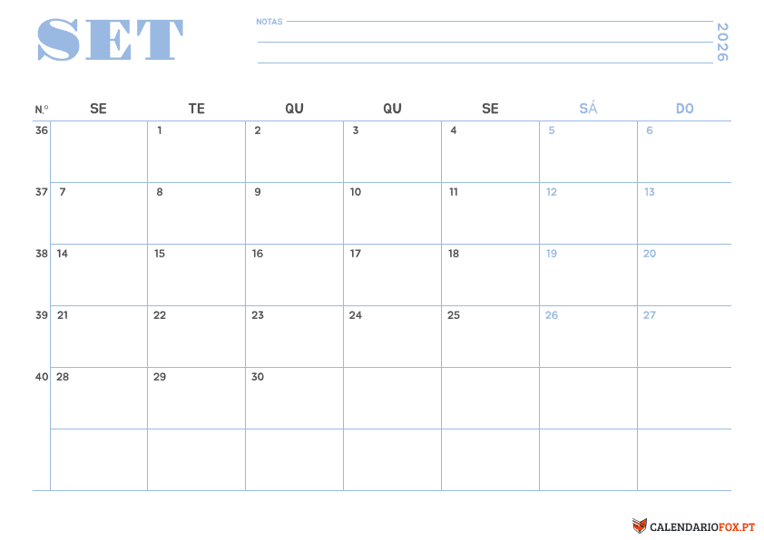 Calendário de Setembro – Tema Minimalista 1