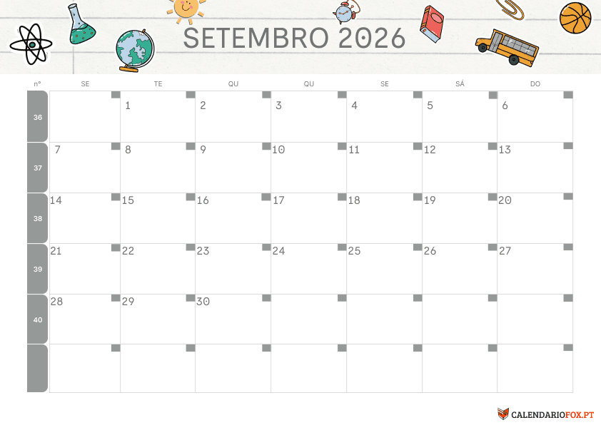 Calendário de Setembro – Tema Regresso às Aulas 2