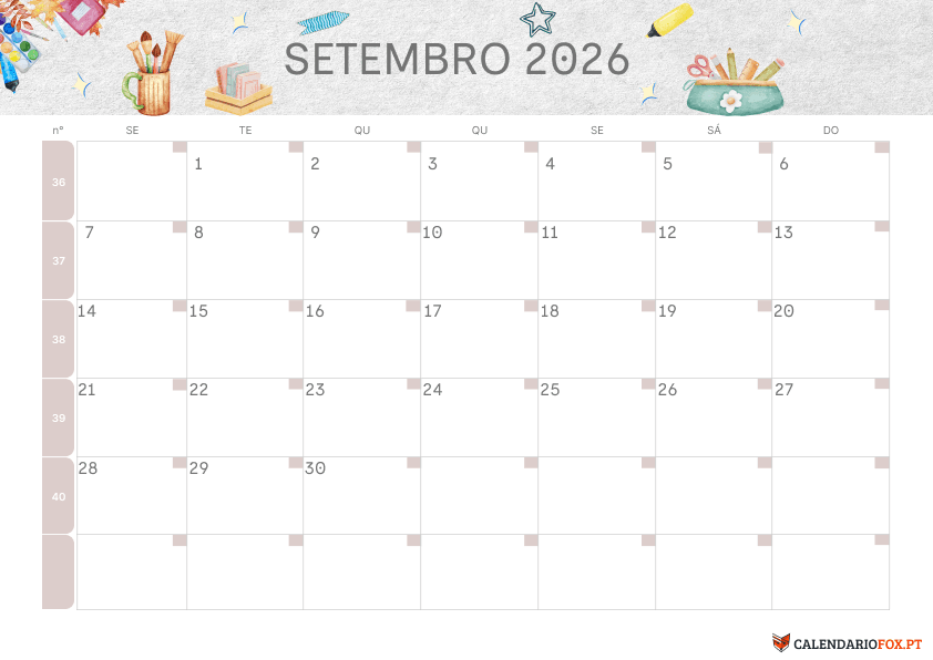 Calendário de Setembro – Tema Regresso às Aulas 3