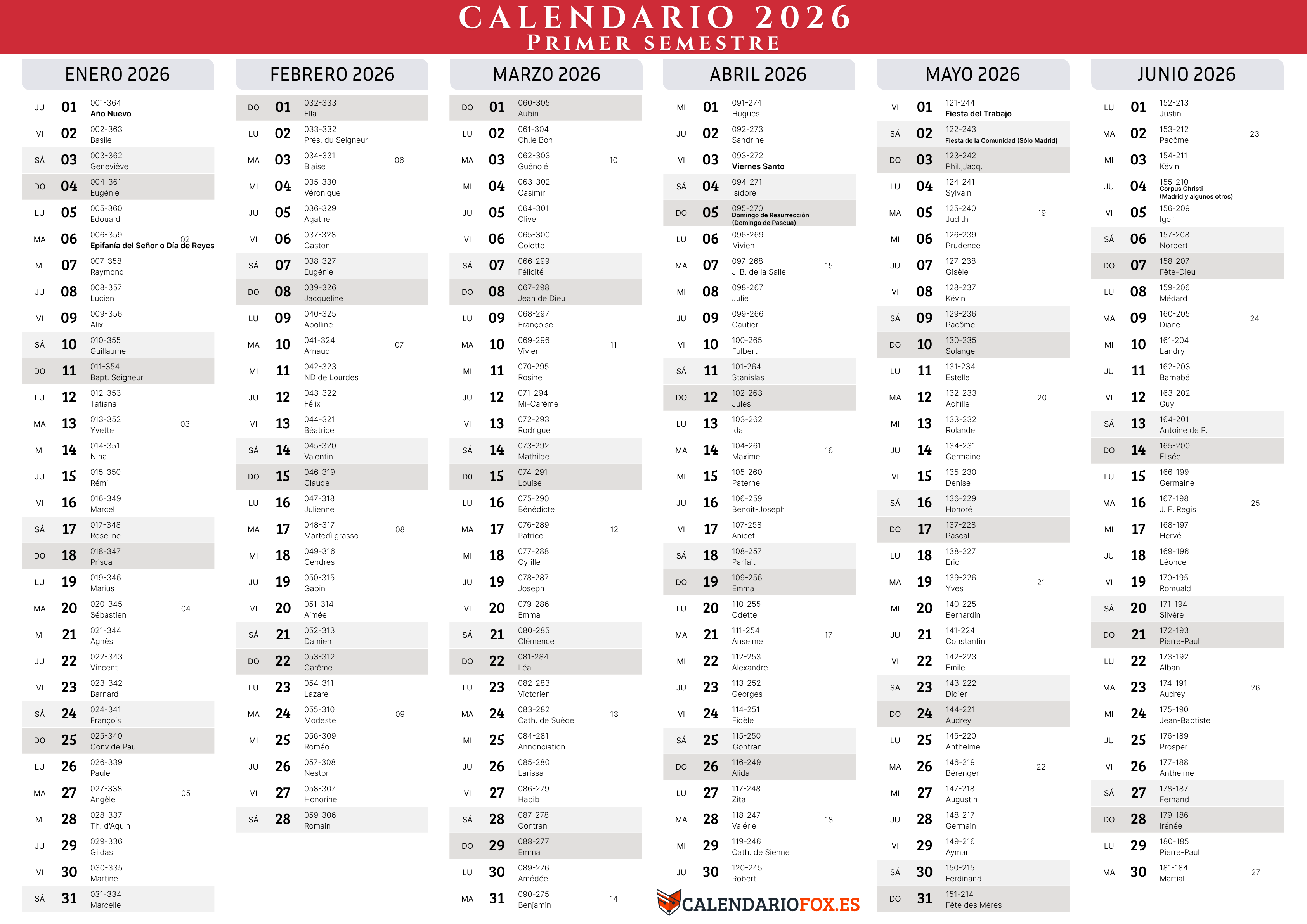 Calendario 2026 Primer Semestre