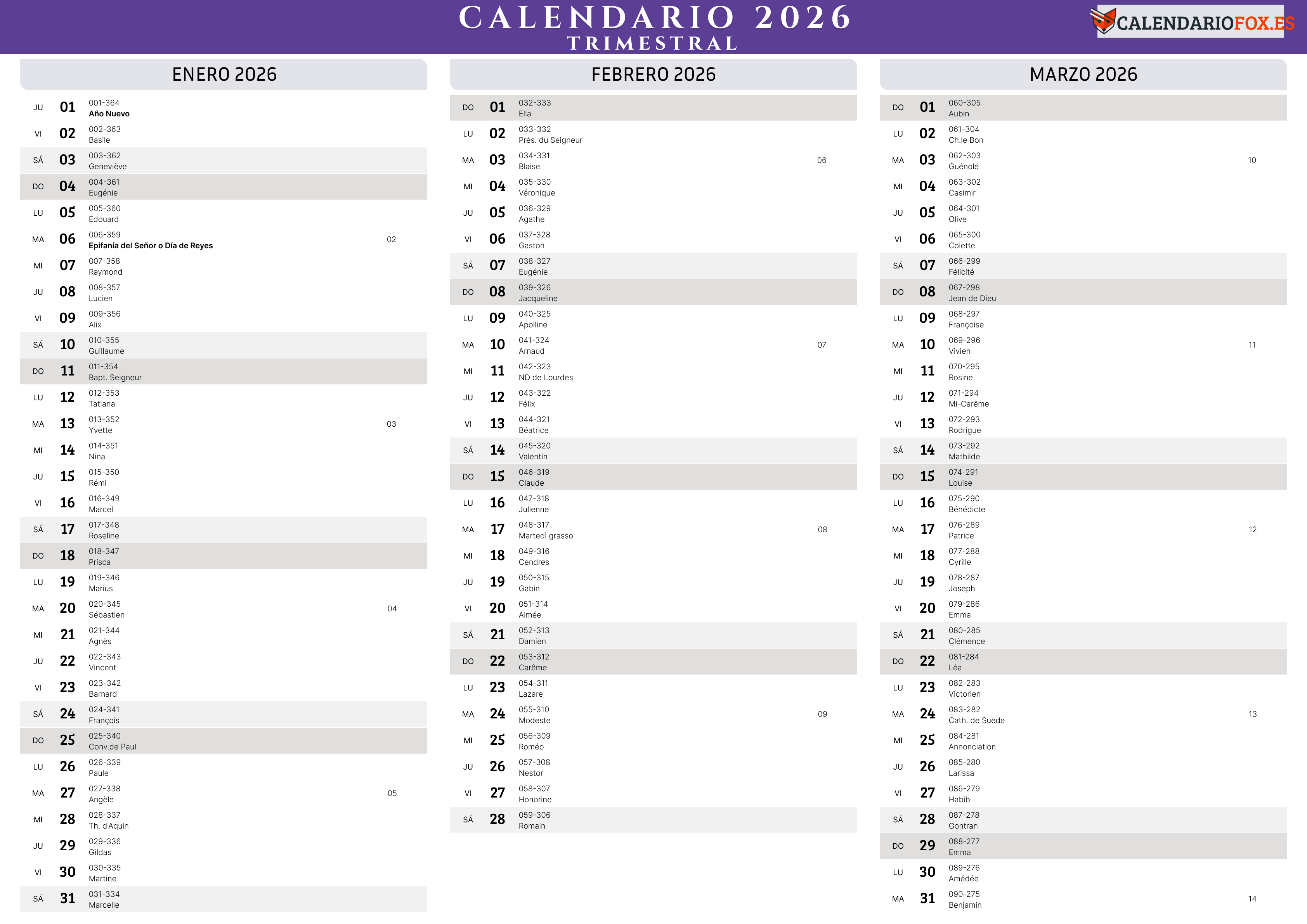 Calendario Anual 2026 trimestral