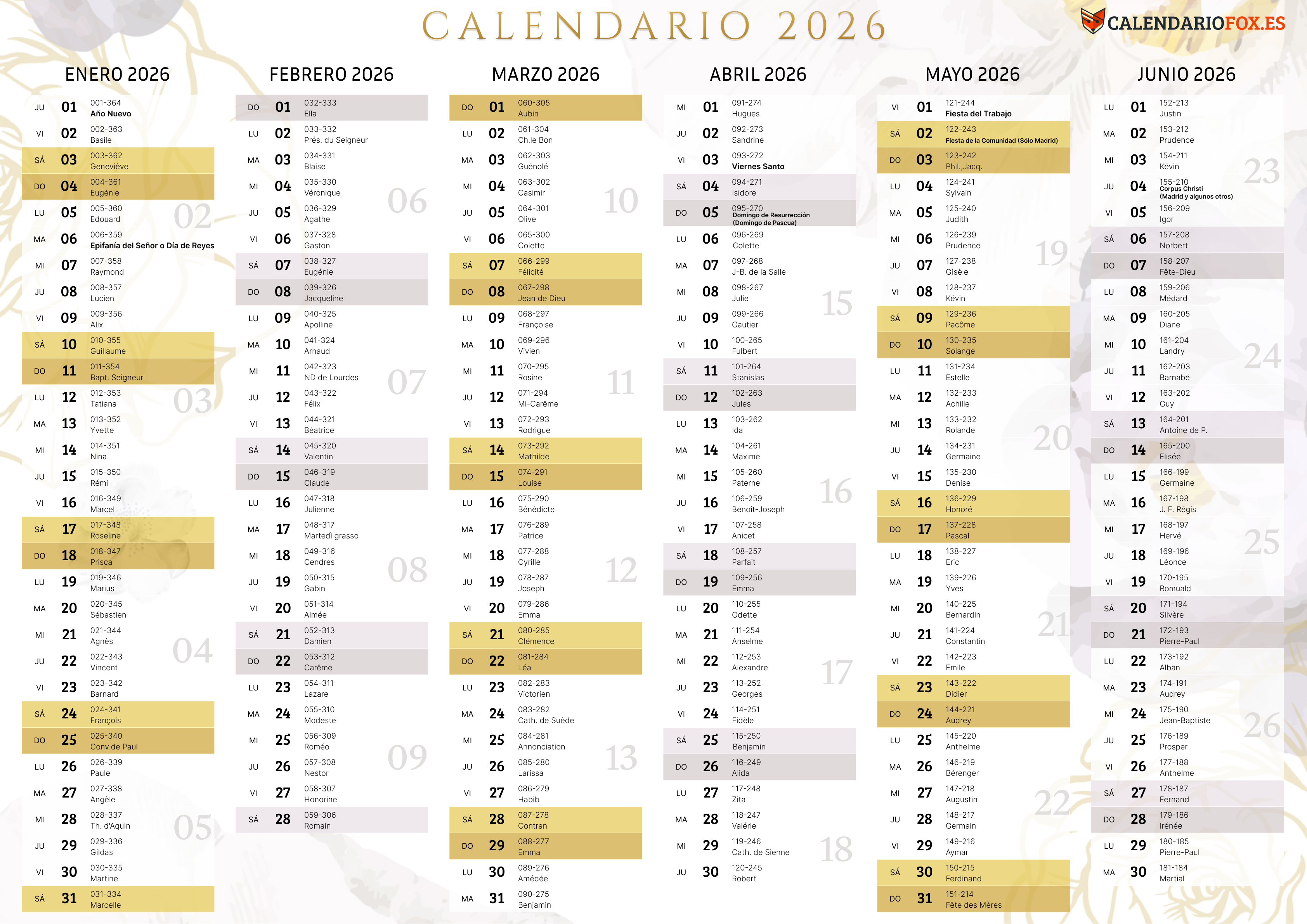 Calendario Anual 2026 con numero de semana