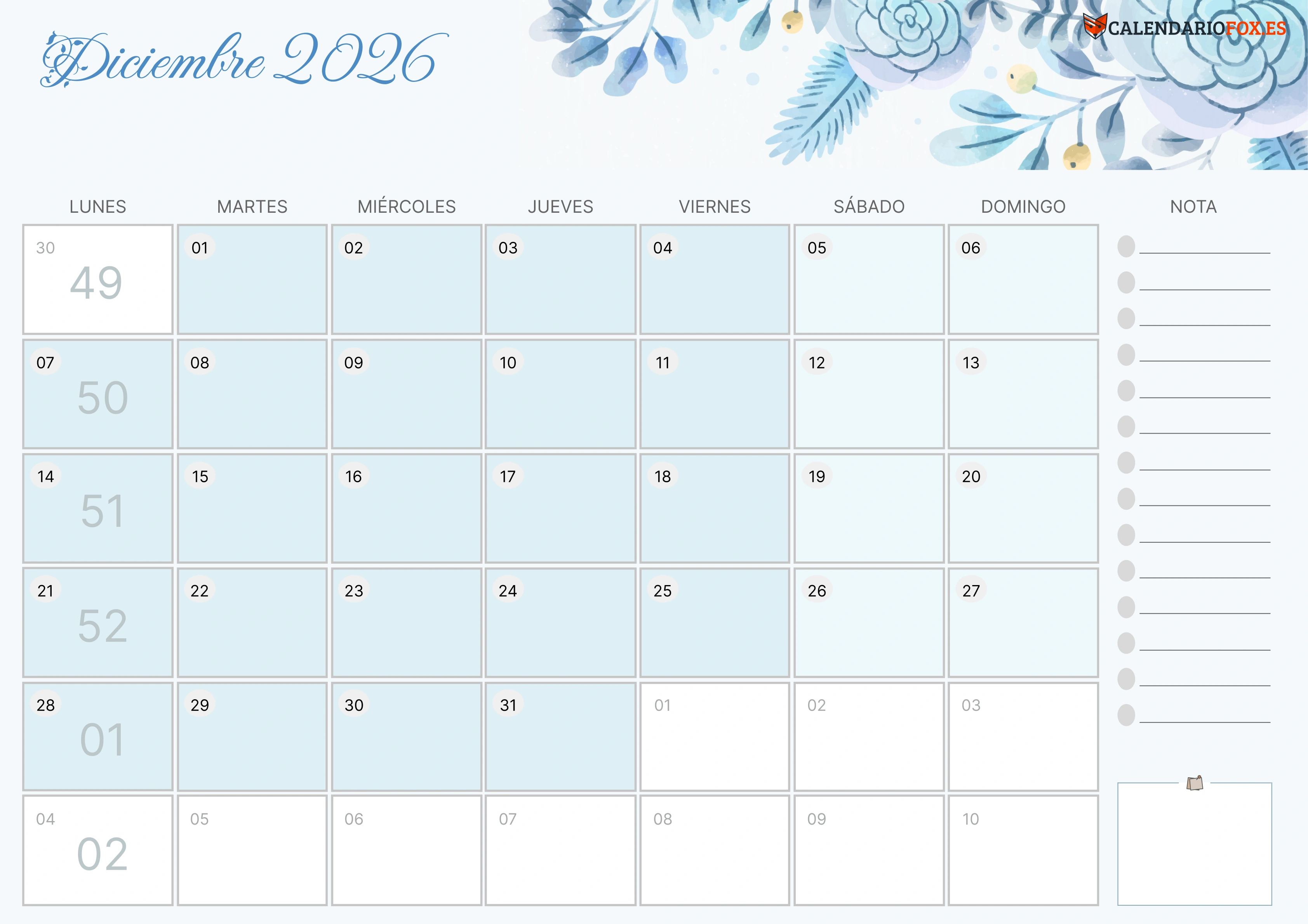 Calendario Diciembre 2026