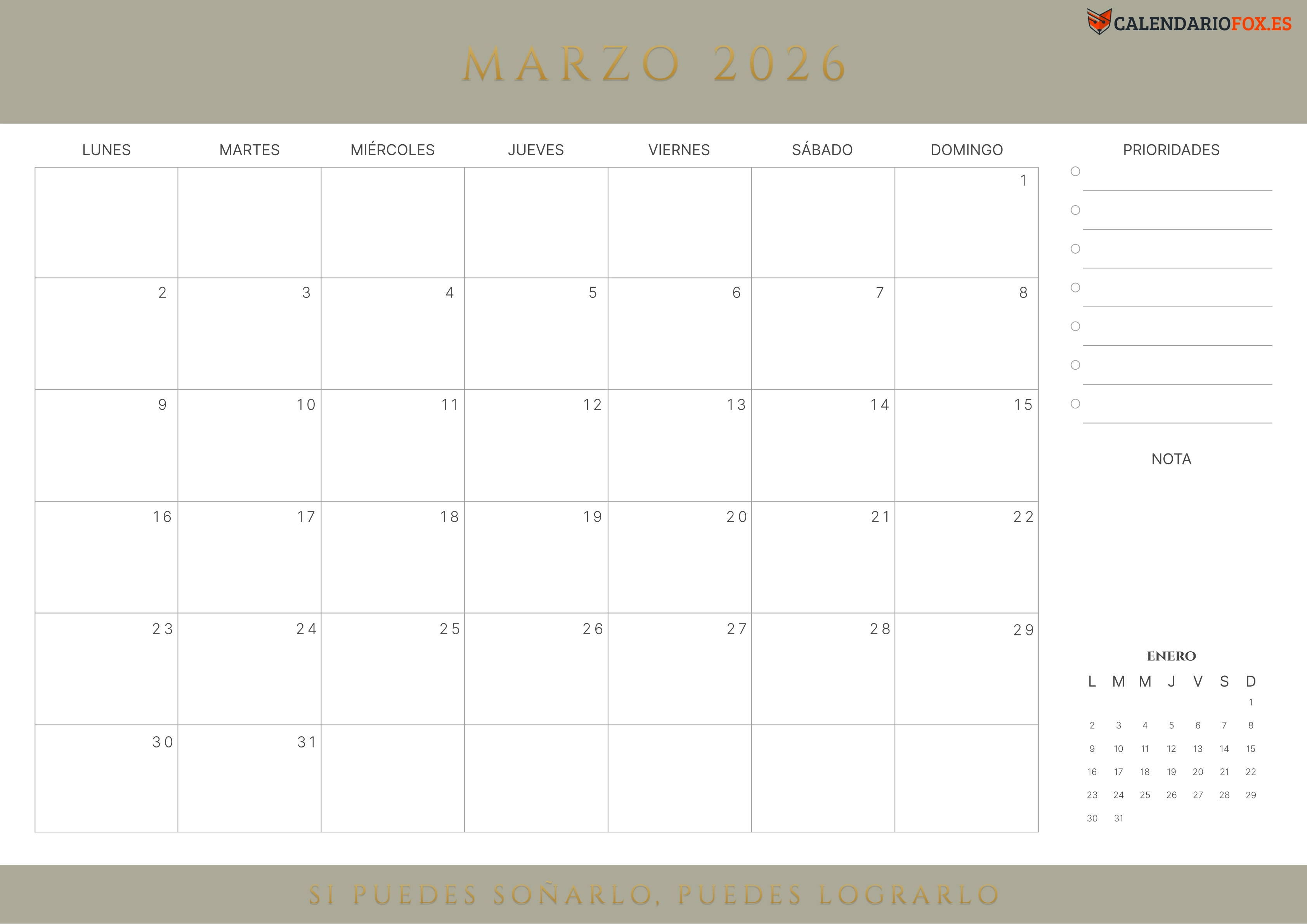 Calendario Marzo 2026