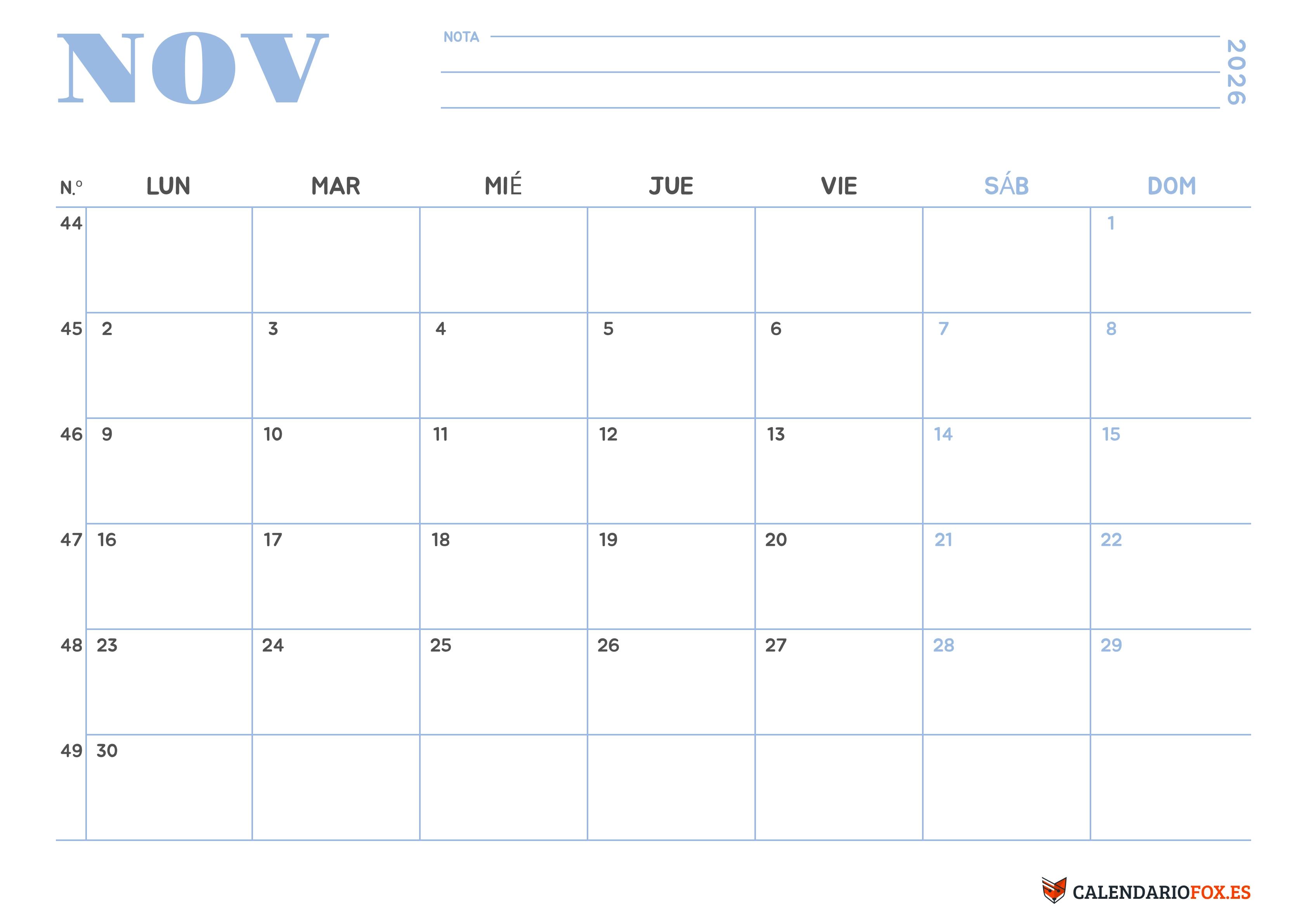 Calendario Noviembre 2026