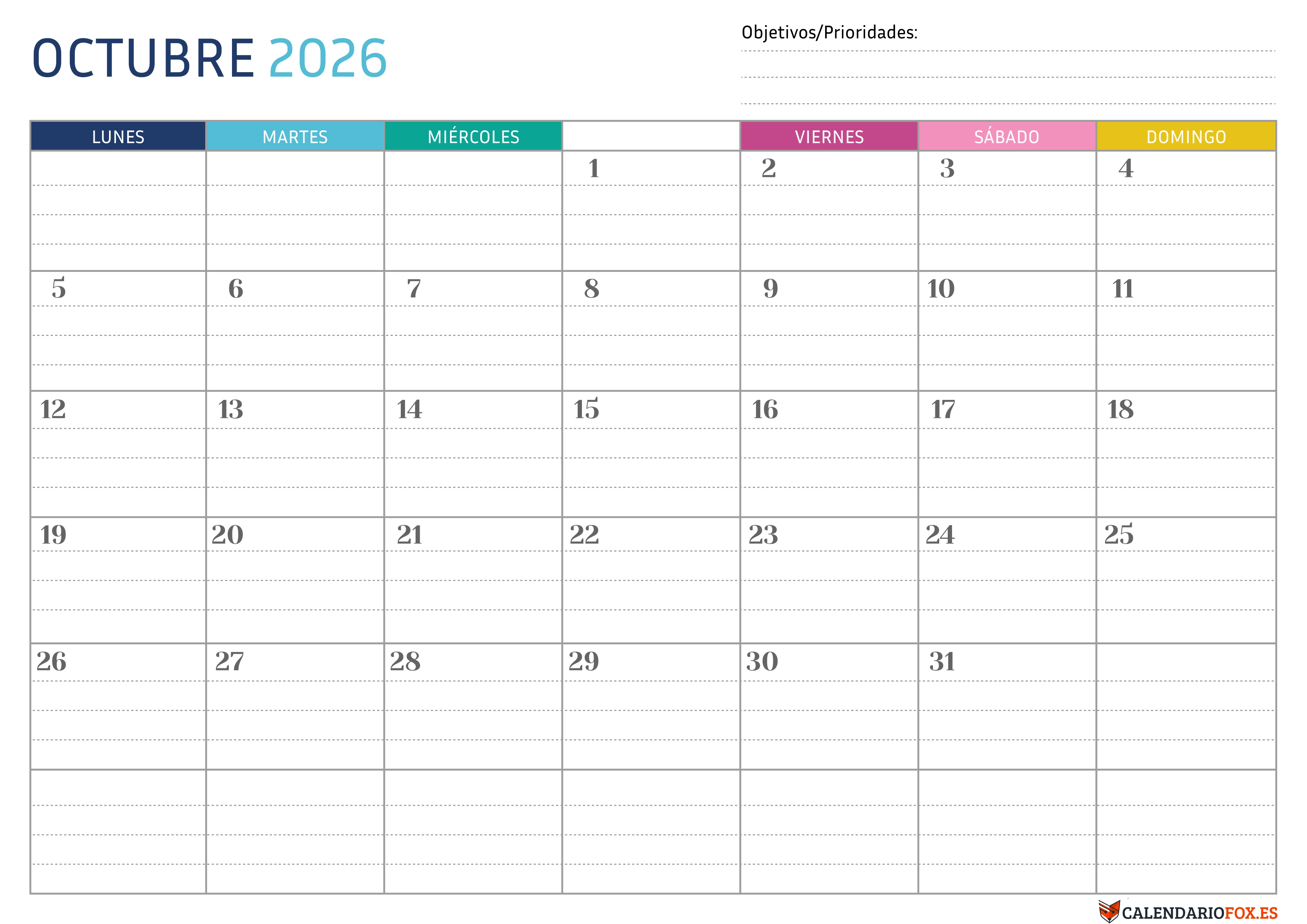 Calendario Octubre 2026